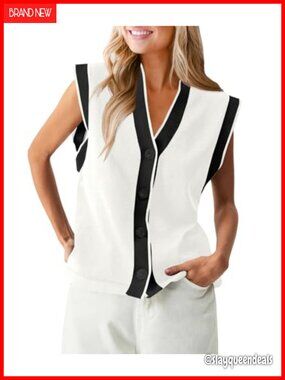 Womens V Neck Sweater Vest Button Down Cap Sleeve Knit Tank Top Loose Fit